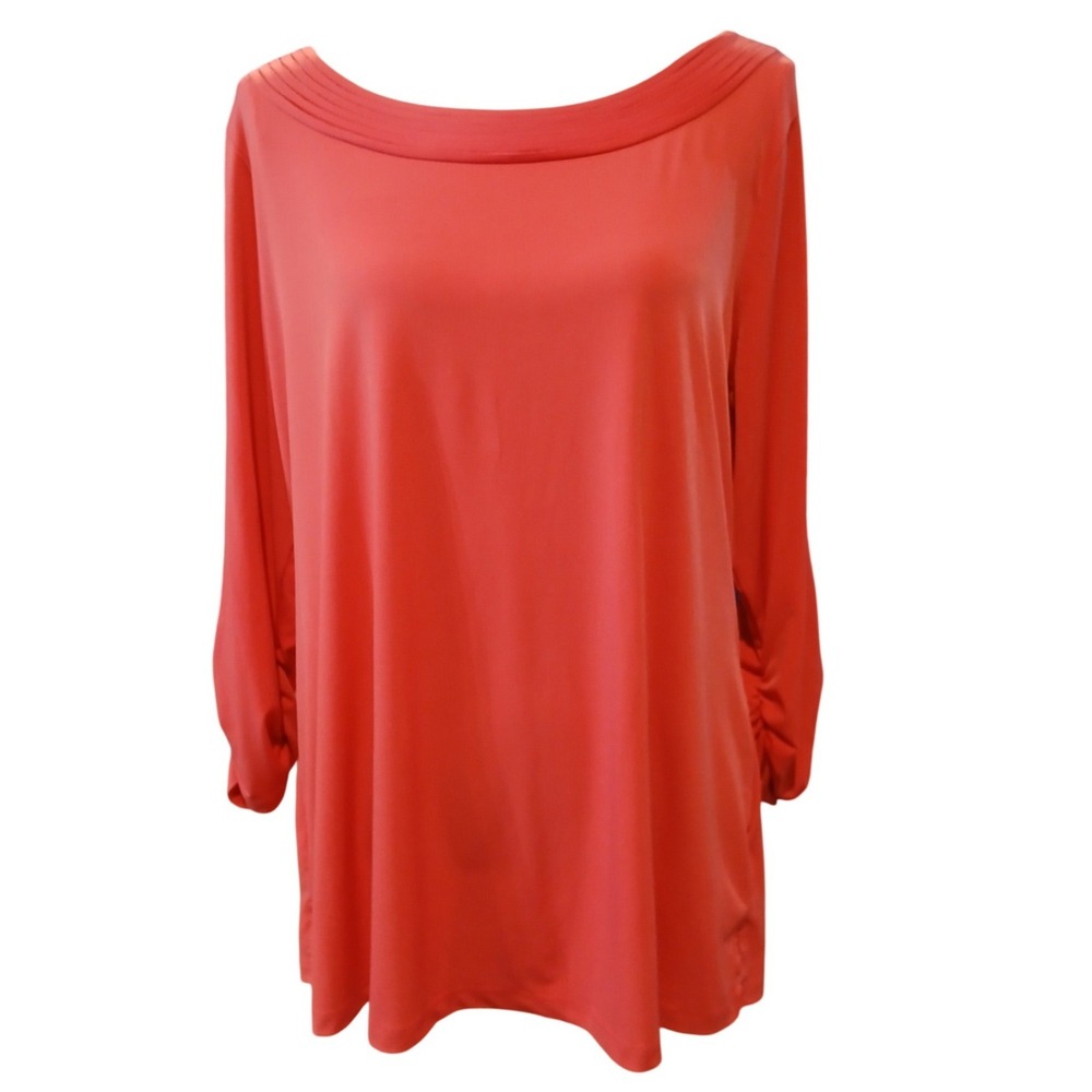 Susan Graver XL Liquid Knit Coral Pink Pleated Bateau Neck Ruched Sleeve Top